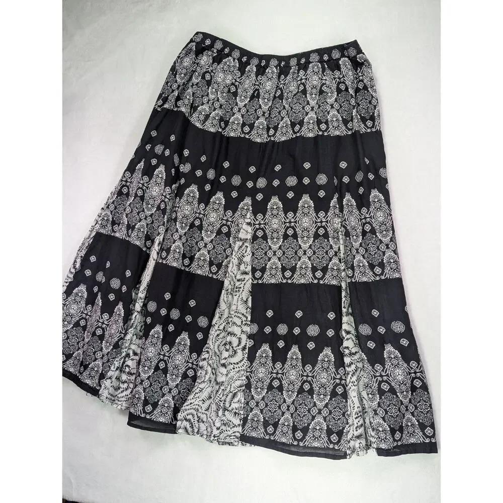 VTG Choices Womens XL Black White Medallion Paisley Boho Maxi Skirt